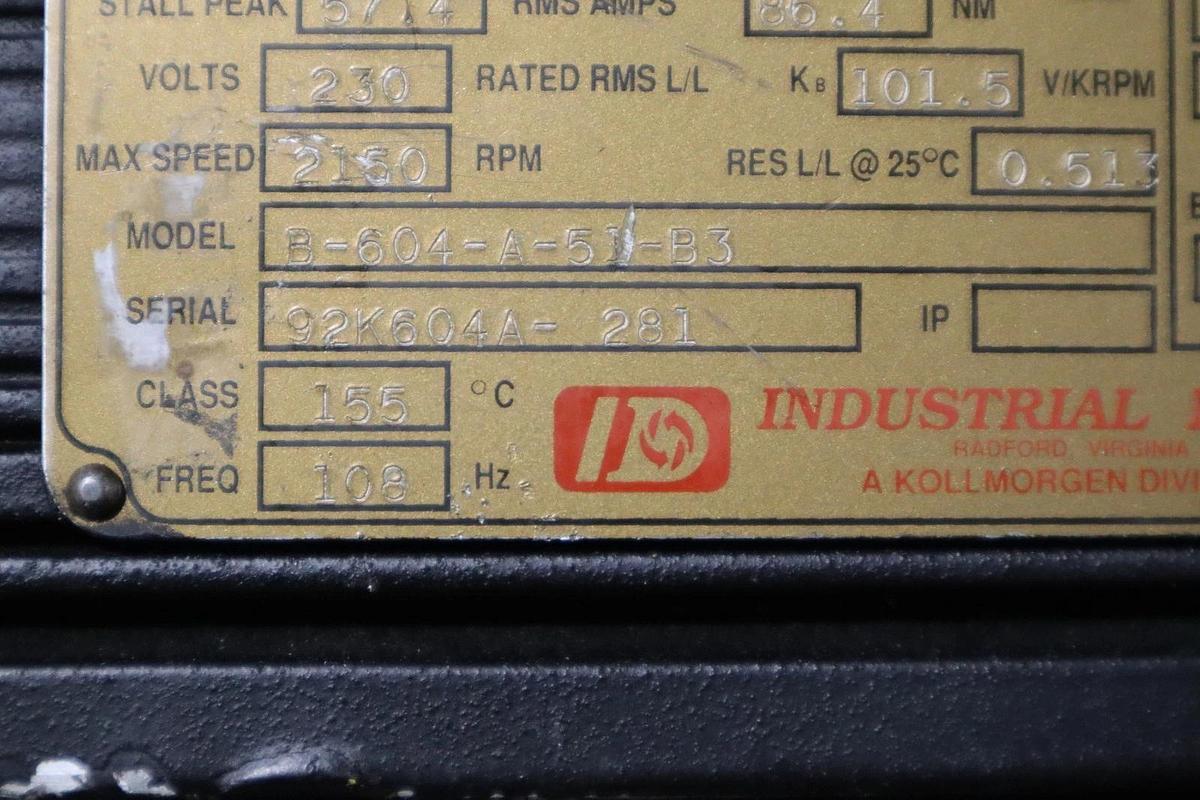 Used Kollmorgen B-604-A-51-B3 Brushless Goldline Servo Motor STOCK S696