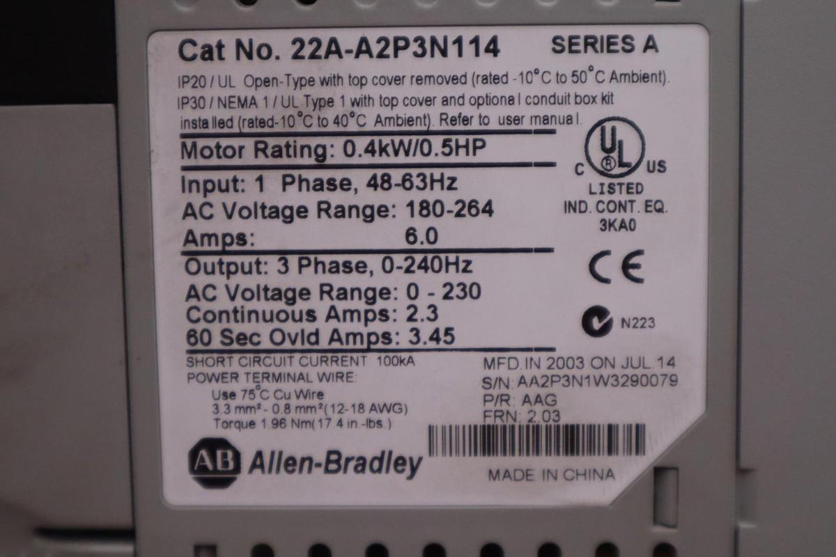 Used Allen-Bradley PowerFlex 4 22A-D2P3N104 380-480V 3 Phase 2.3A 0.75kW 1 HP Drive