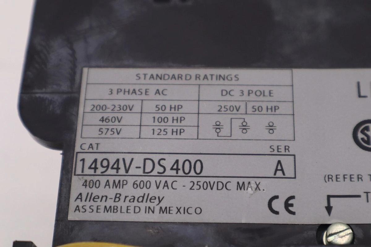 Used ALLEN BRADLEY 1494V-DS400 SER A DISCONNECT SWITCH 3PH 400AMP 600VAC STK 5039
