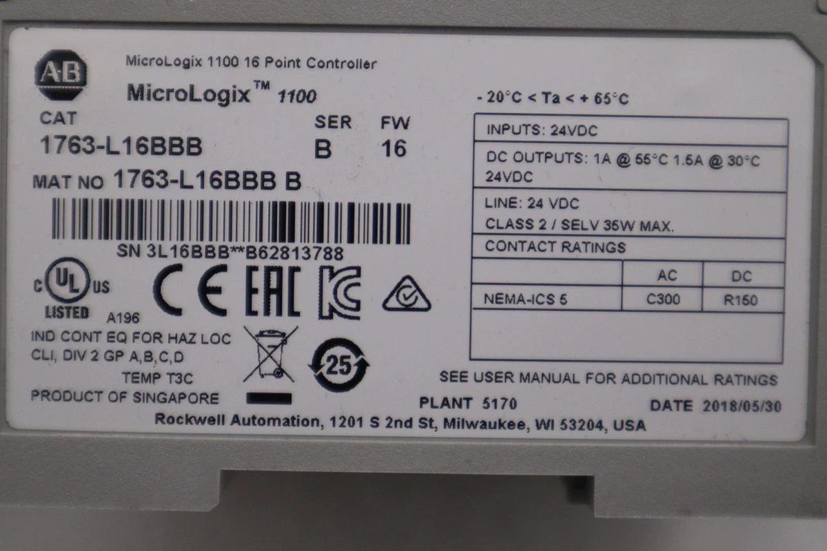 Used Allen Bradley 1763-L16BBB Ser B PROGRAMMABLE CONTROLLER - STOCK 3100CC