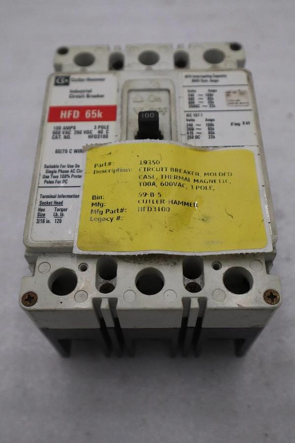 Used CUTLER HAMMER EATON HFD3100 100A 3 Pole 65k Circuit Breaker STK CC226 786679175897