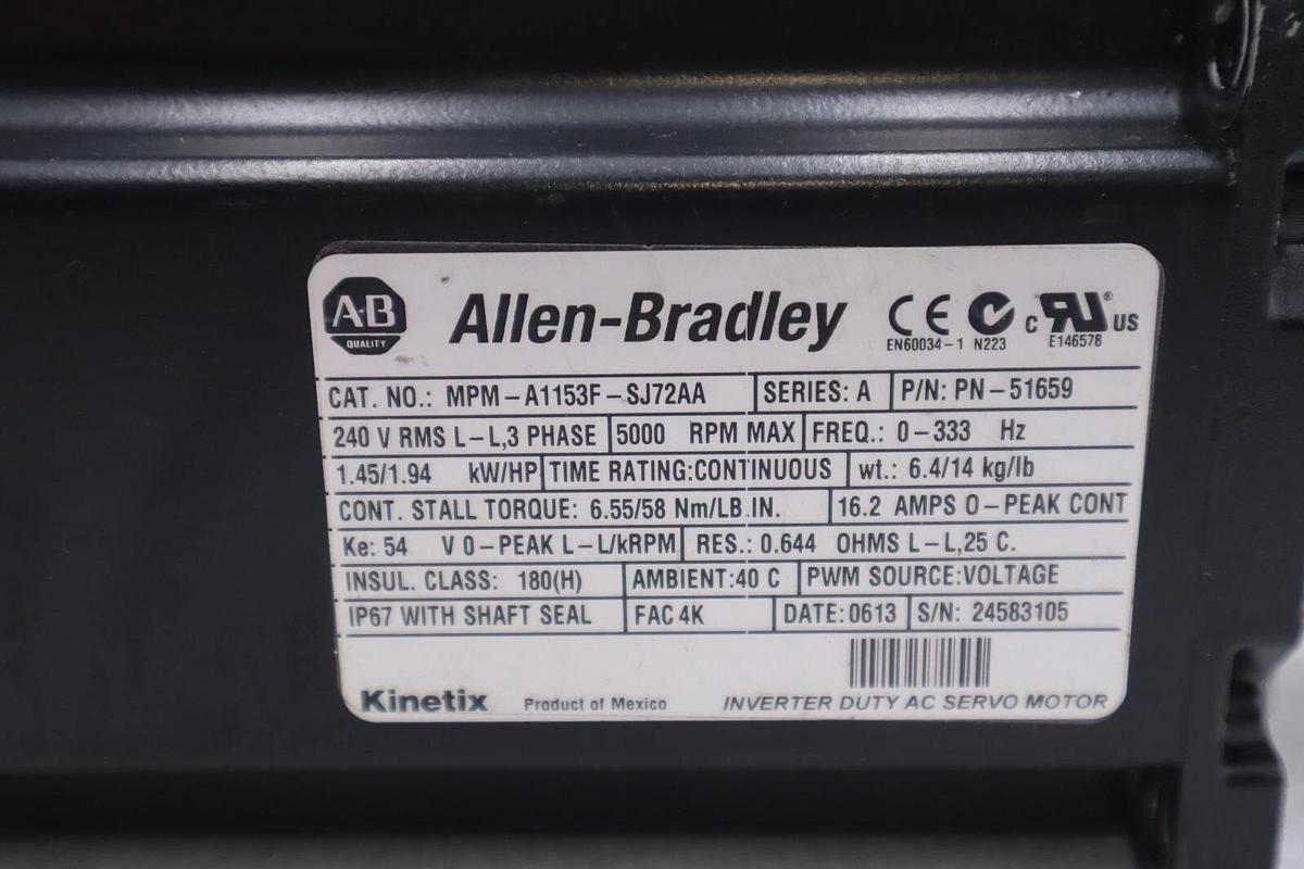 Used ALLEN-BRADLEY MPM-A1153F-SJ72AA SERIES A INVERTER DUTY SERVO MOTOR STOCK #2786