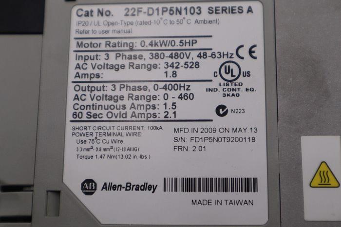 Used Allen-Bradley 22F-D1P5N103 Power Flex 4M 0.4 kW 0.5 HP AC Drive STOCK K-3893