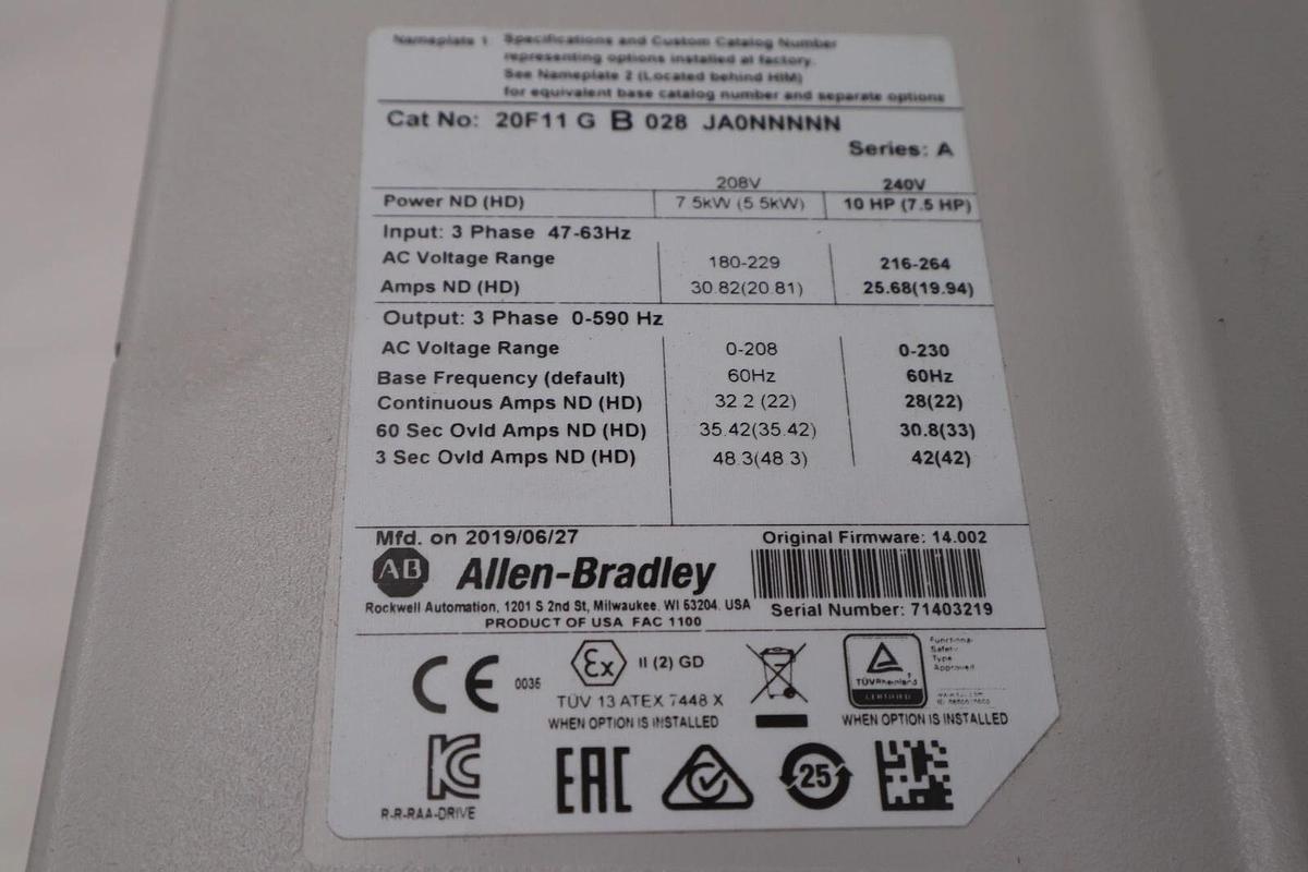 ALLEN BRADLEY POWERFLEX 753 20F11GB028JA0NNNNN SERIES A 10 HP STOCK 5001A
