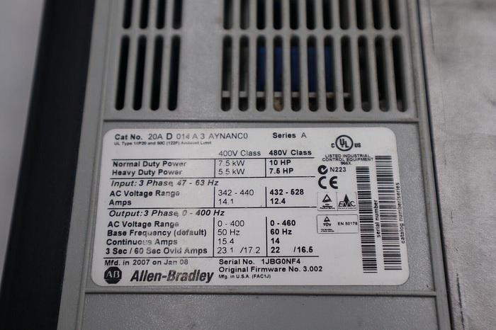 Used Allen-Bradley 20AD014A3AYNANC0 Ser A FRN 3.002 PowerFlex 70 AC Drive STOCK 1870