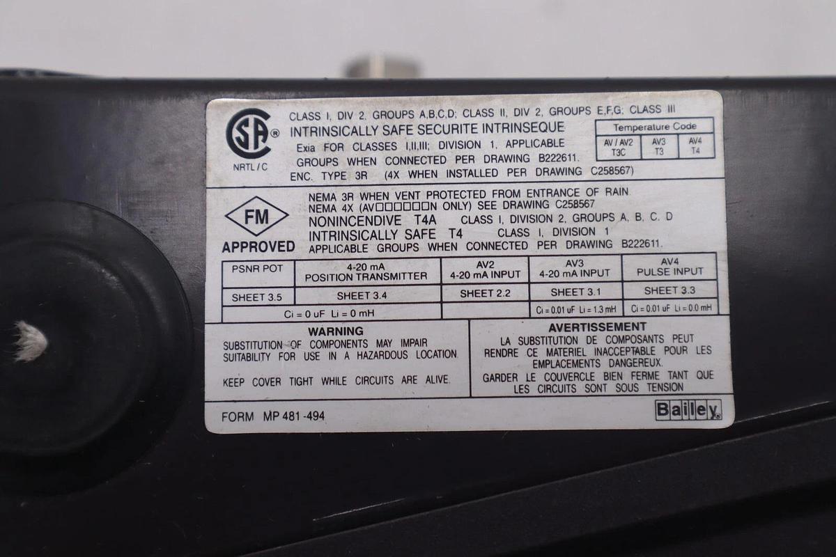 Used Bailey AV232001 I/P Positioner Pneumatic 150 psi max CSQ STOCK 2468