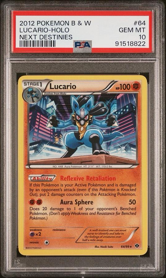 Used 2012 POKEMON BLACK & WHITE NEXT DESTINIES #64 LUCARIO-HOLO PSA 10 LOW POP 12
