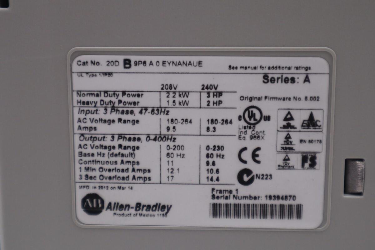 NEW ALLEN BRADLEY 20DB9P6A0EYNANAUE SER. A POWERFLEX 700S DRIVE 3 HP STOCK 4058