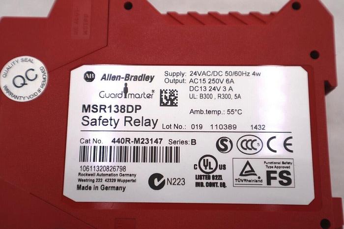 Used ALLEN BRADLEY 440RM23147 MSR138DP GUARD MASTER SAFETY RELAY SER B 24V #L-389