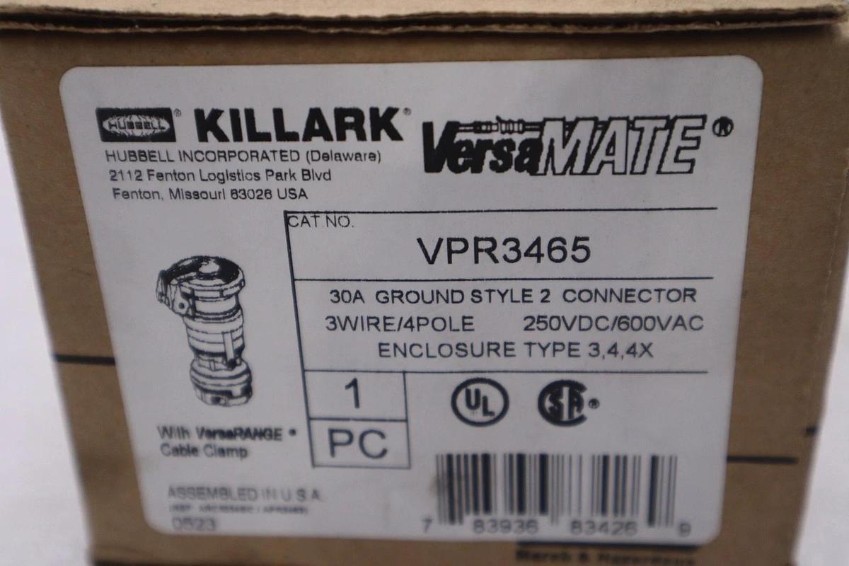 Used KILLARK VPR3465 30A GROUND STYLE 2 CONNECTOR 3-WIRE 4-POLE STOCK 1387CC