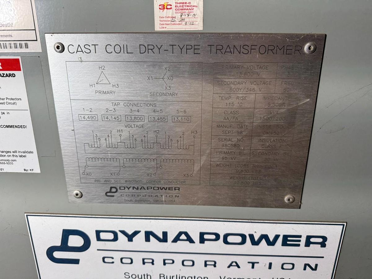 Used DYNAPOWER 2000 kVA 13800 Delta to 600Y 3PH Dry Type Transformer Copper Windings