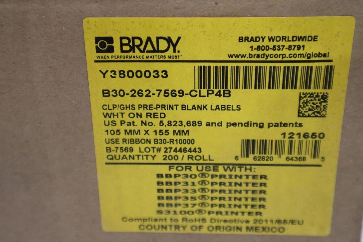 Used NEW Brady Printer B30-262-7569-CLP4B Pre Print Chemical Labels STOCK H390