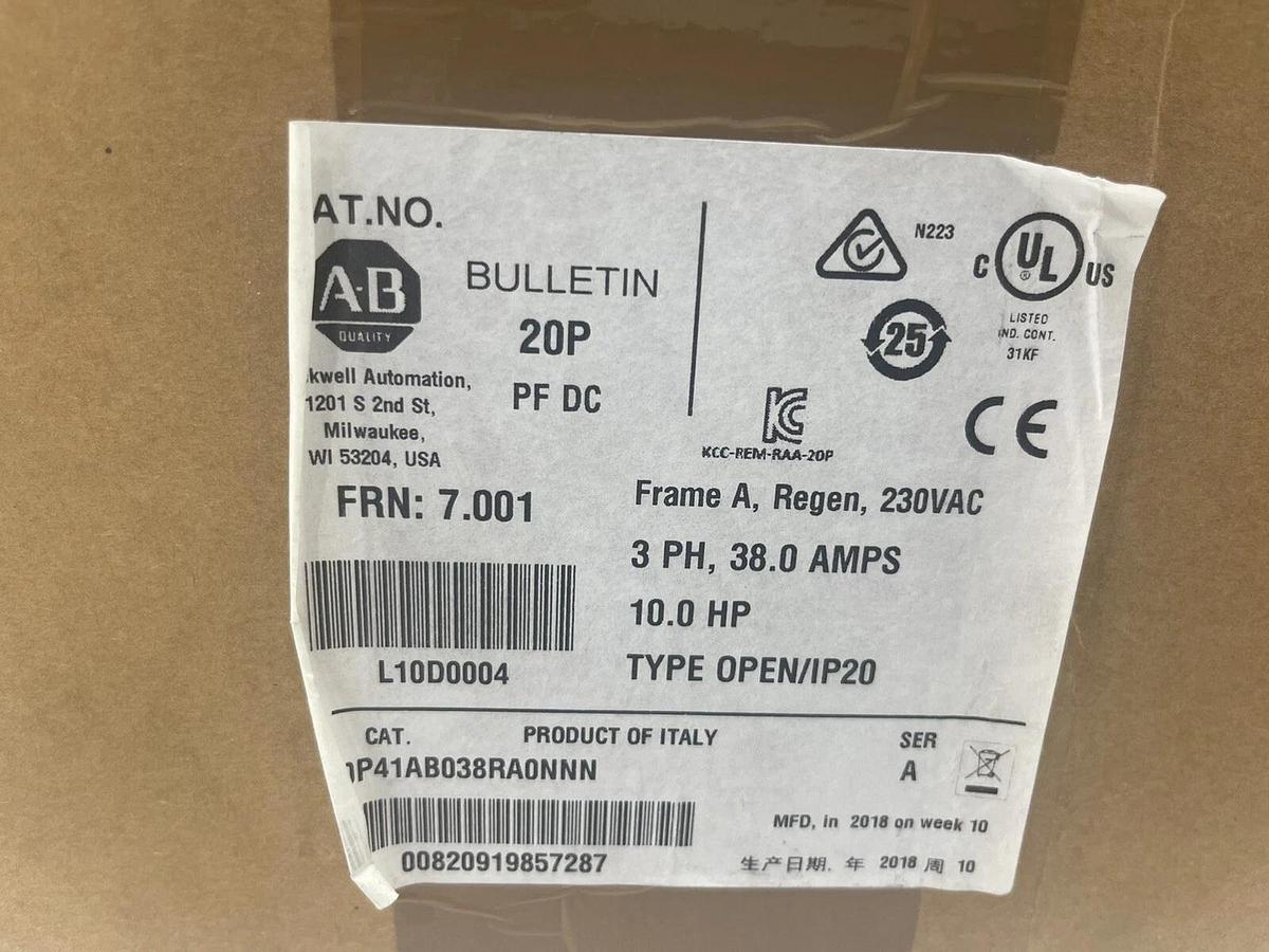 NEW Allen-Bradley 20P41AB038RA0NNN MFG 2018 10.0HP PowerFlex DC FRN: 7.001 1494