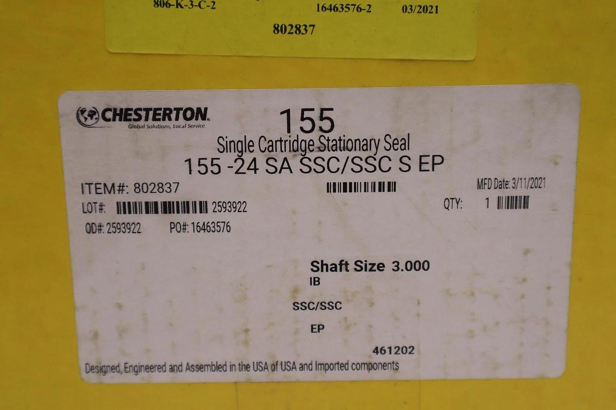 CHESTERTON 155 -24 SINGLE CARTRIDGE STATIONARY SEAL SHAFT SIZE 3.000 STOCK #3452