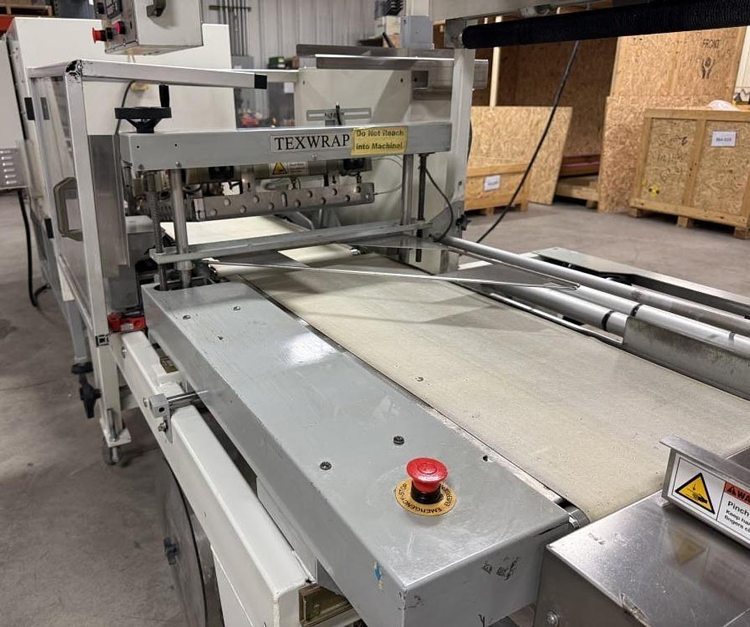 Used TEXWRAP MODEL 2219 SHRINK WRAP SYSTEM W/ TEXWRAP # F05—5’ LUGGED INFEED CONVEYOR