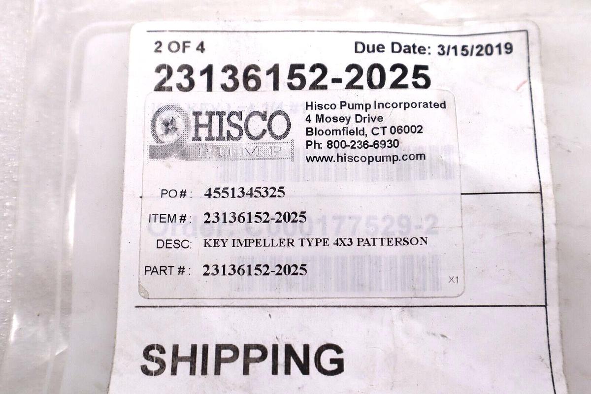 NEW HISCO PUMP INC 231361522025 KEY IMPELLER TYPE 4X3 PATTERSON #L-476