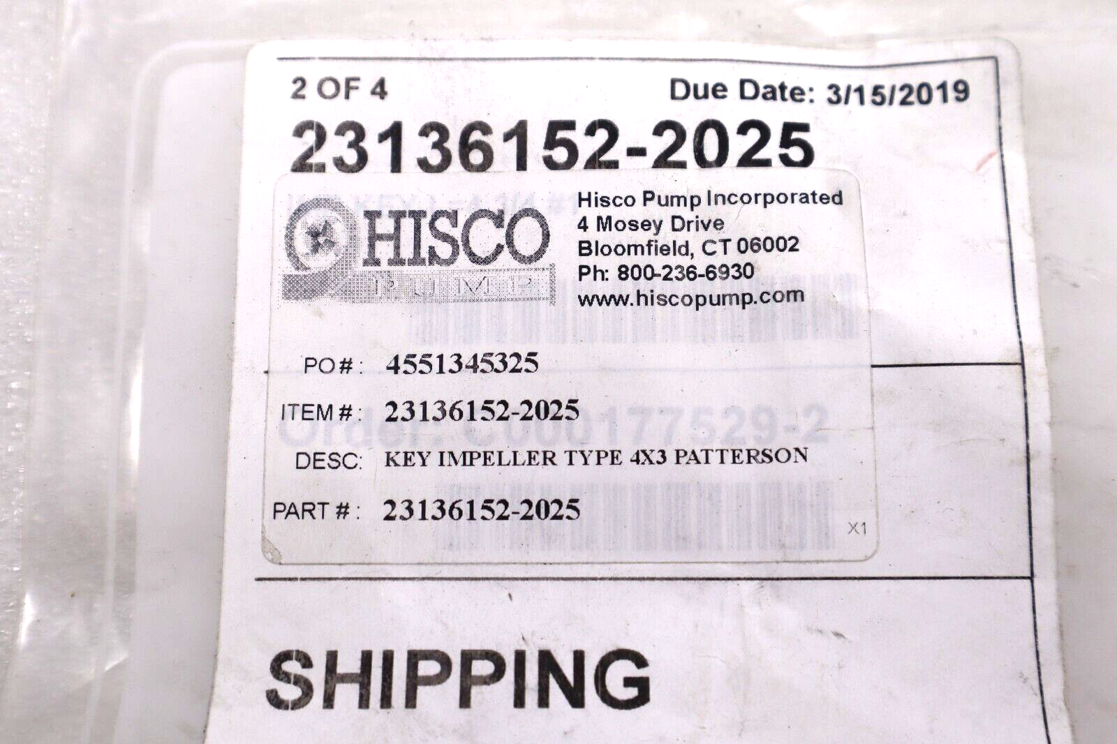NEW HISCO PUMP INC 231361522025 KEY IMPELLER TYPE 4X3 PATTERSON #L-476