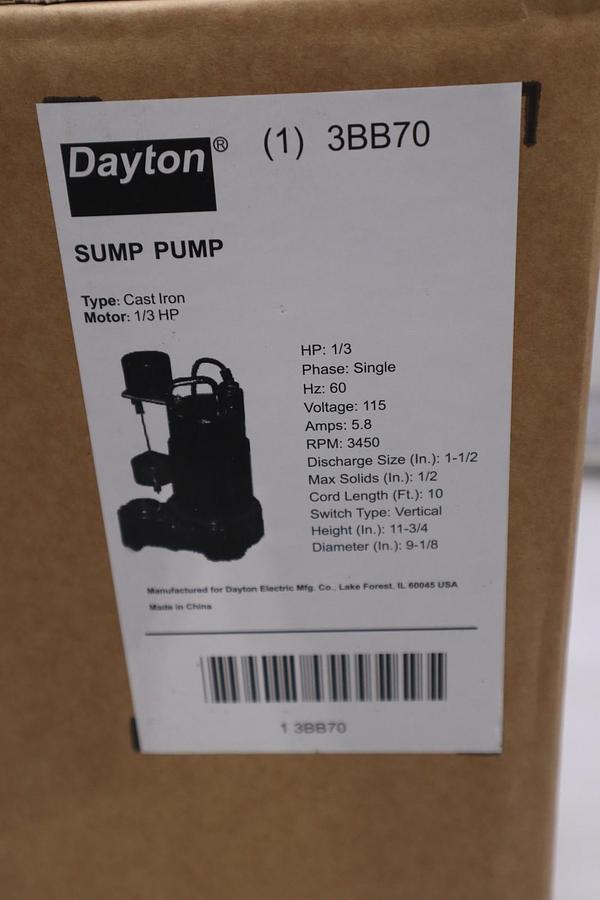 DAYTON 3BB70 HP 1/3 Sump Pump Vertical Float - STOCK GF232
