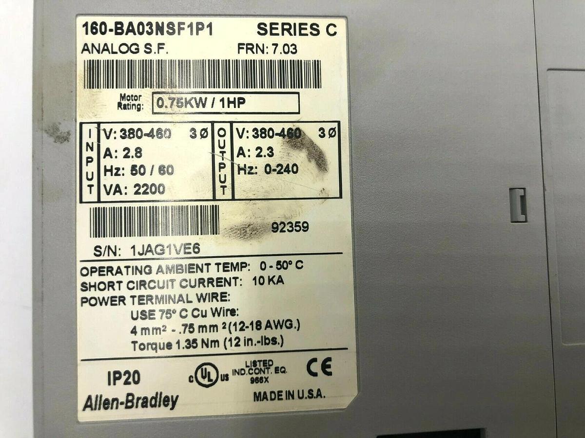 Used ALLEN BRADLEY 160-BA03NSF1P1 160BA03NSF1P1 SER C 0.75KW/1HP FRN 7.03 STOCK 1157
