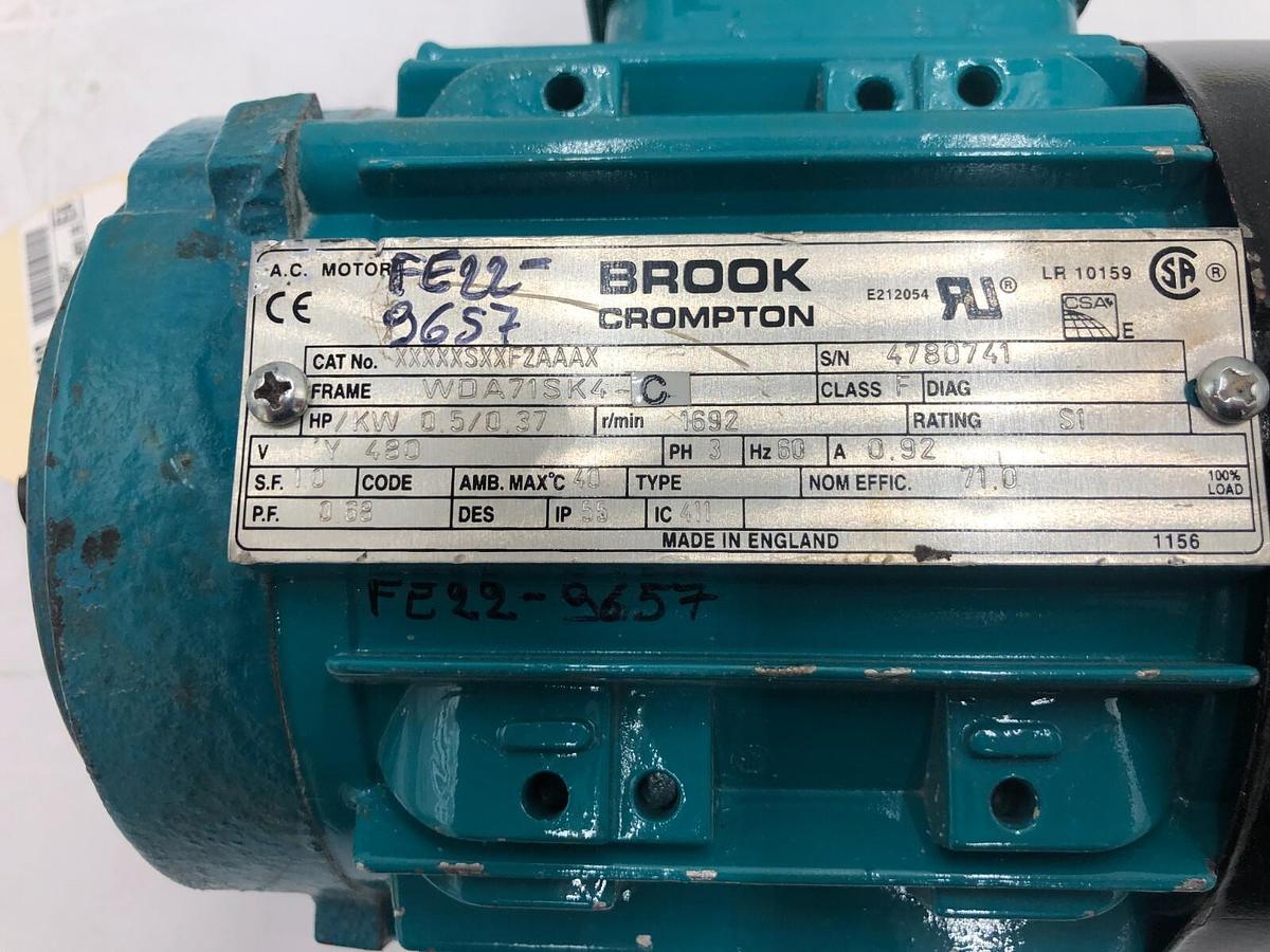 Used BROOK CROMPTON XXXXXSXXF2AAAX AC MOTOR 3PH .5HP 1632RPM 480V STOCK S-92