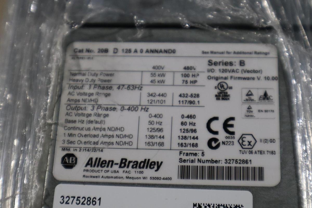 Used Allen Bradley 20BD125A0ANNAND0 Series B PowerFlex 700 AC Drive 480Vac STOCK S595