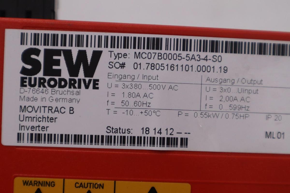 Used SEW Eurodrive MC07B0005-5A3-4-S0 MOVITRAC B STOCK H-796C