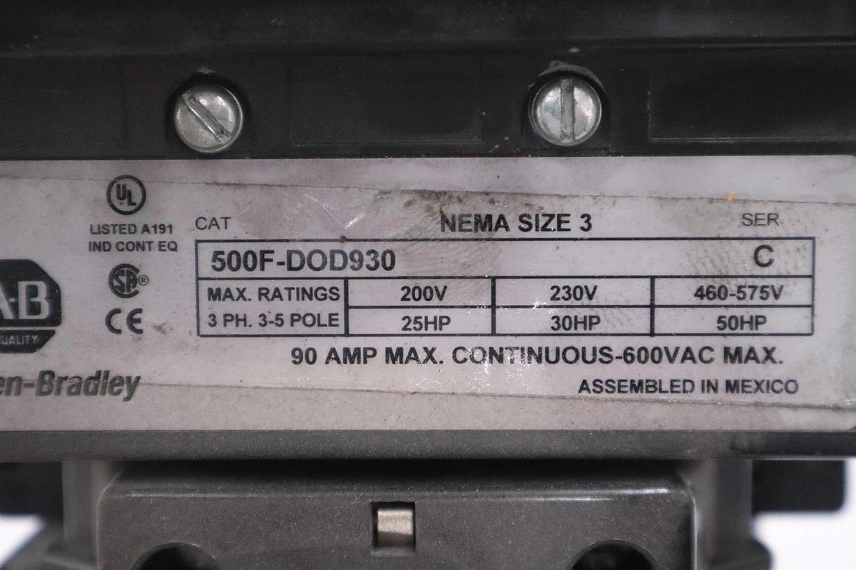 Used AB Allen Bradley 500F-DOD930 Size 3 Magnetic Contactor, 120VAC Coil 90A 3-5 Pole