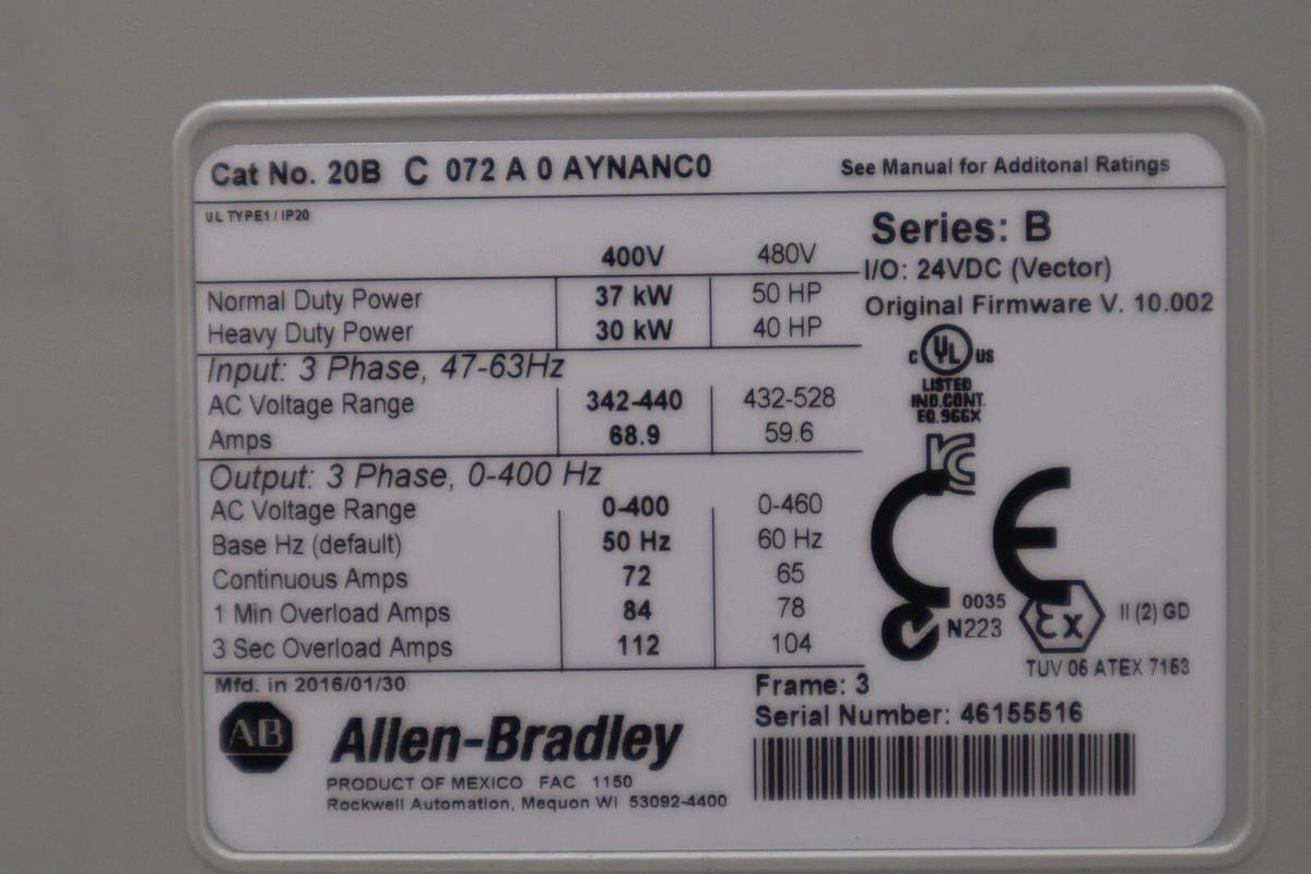 ALLEN BRADLEY 20BC072A0AYNANC0 NEW 480V POWERFLEX 700 DRIVE 50 HP STOCK 4853