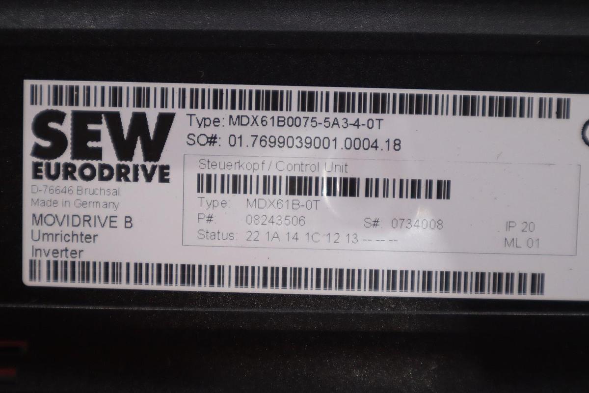 Used Sew Eurodrive MDX61B0075-5A3-4-0T Movidrive Drive Inverter H-778C