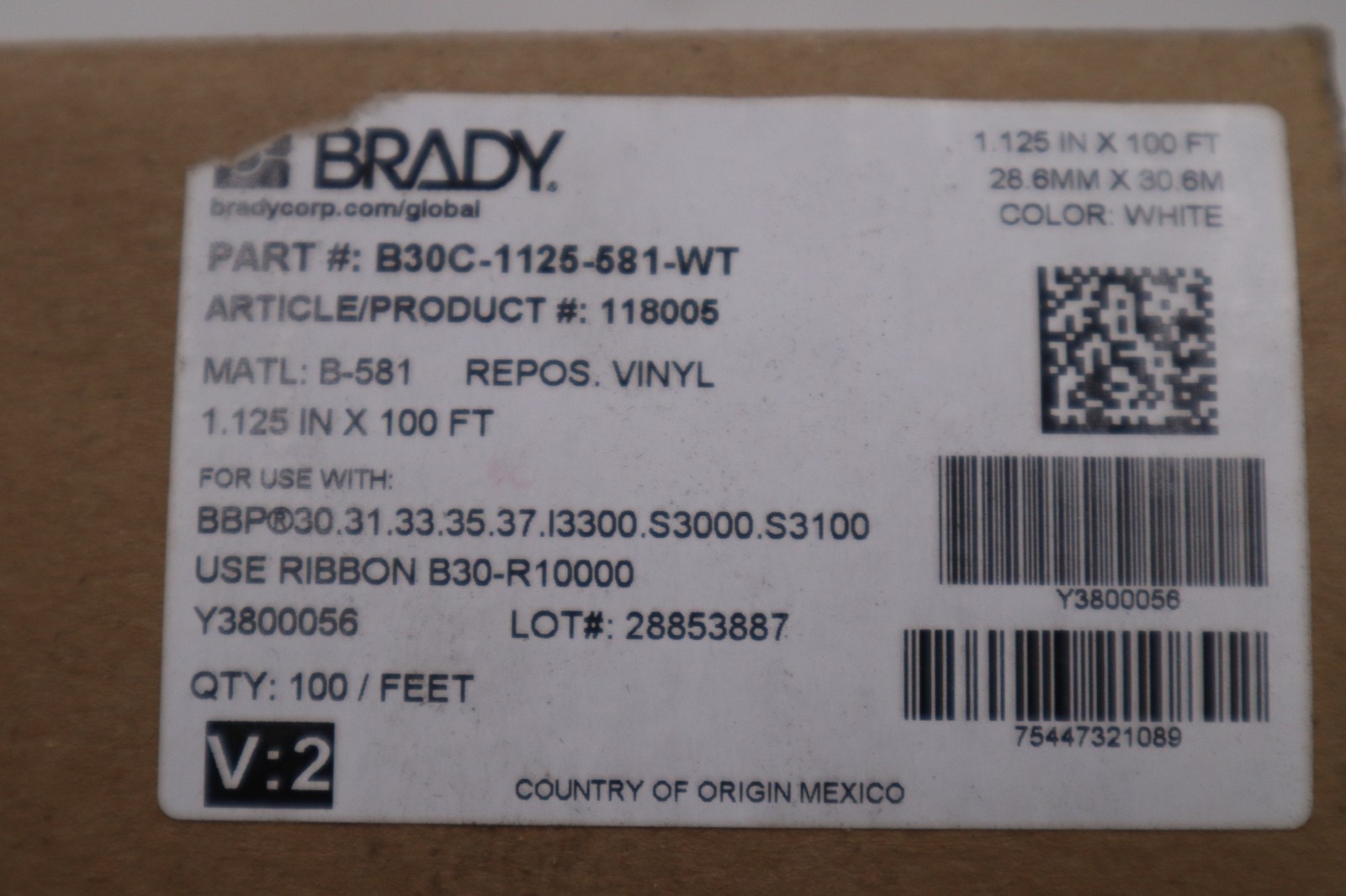 BRADY B30C-1125-581-WT Film,White,100 ft. L,1-1/8 In - NEW IN BOX - STOCK GF1172