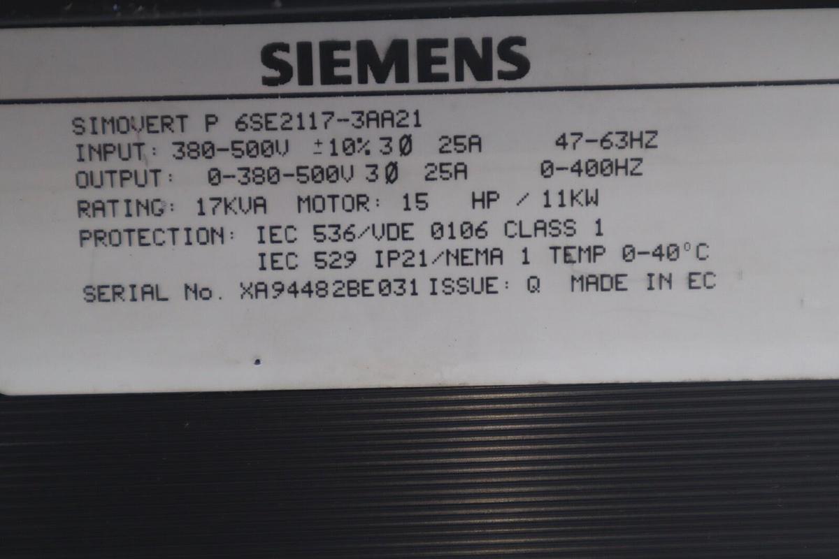 Used SIEMENS 6SE2117-3AA21 / 6SE21173AA21 (NEW) DRIVE AC 15HP 25AMP 300/500V #999-C