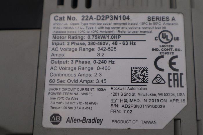 Used Allen Bradley 22A-D2P3N104 /A PowerFlex 4 AC Drive 1HP 3Ph 480V STOCK 5782