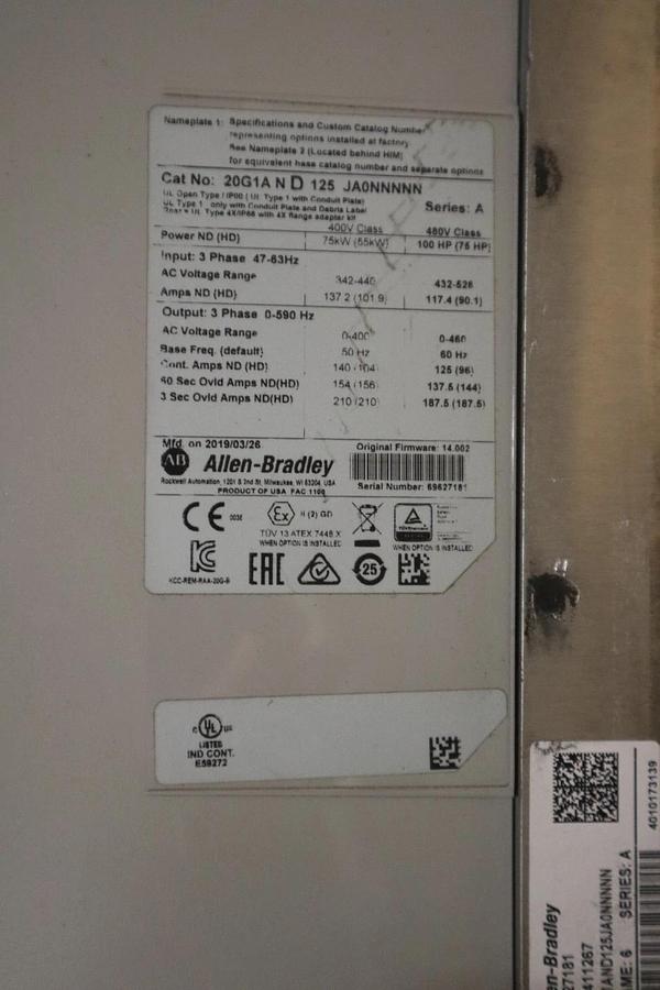 Used ALLEN BRADLEY 20G1AND125JA0NNNNN PowerFlex 755 AC Drive 100 HP - STOCK CC105