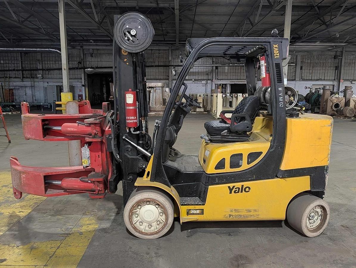 Used 12,000 POUND YALE GC120VXPRS FORKLIFT WITH 72" SPLIT FRAME BOLZONI CLAMP 2 STAGE