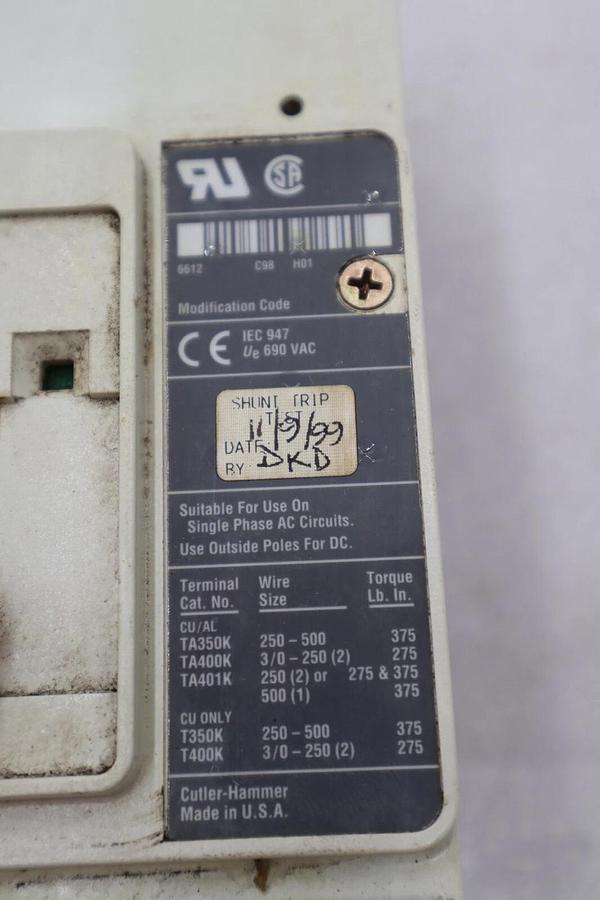 Used CUTLER-HAMMER HM2P400X5WS10 MOTOR CIRCUIT PROTECTOR SERIES C STOCK #3213