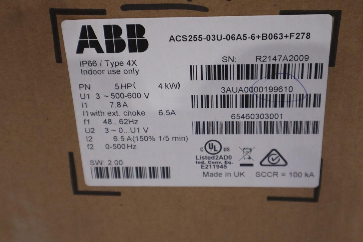 ABB ACS255-03U-06A5-6+B063+F278 3~500-600V IN 5HP 6.5A TYPE 4X - STOCK GF238
