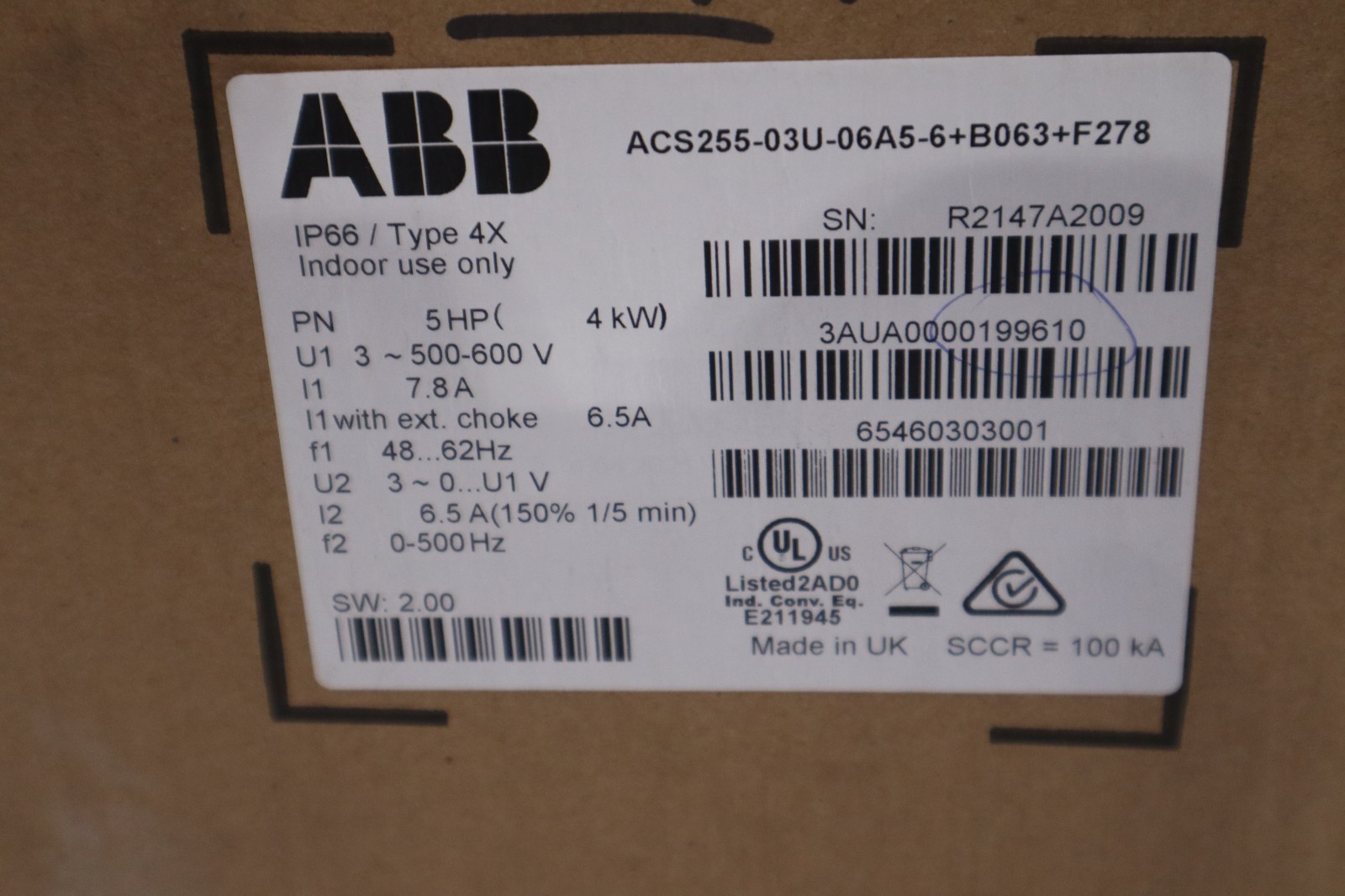 ABB ACS255-03U-06A5-6+B063+F278 3~500-600V IN 5HP 6.5A TYPE 4X - STOCK GF238