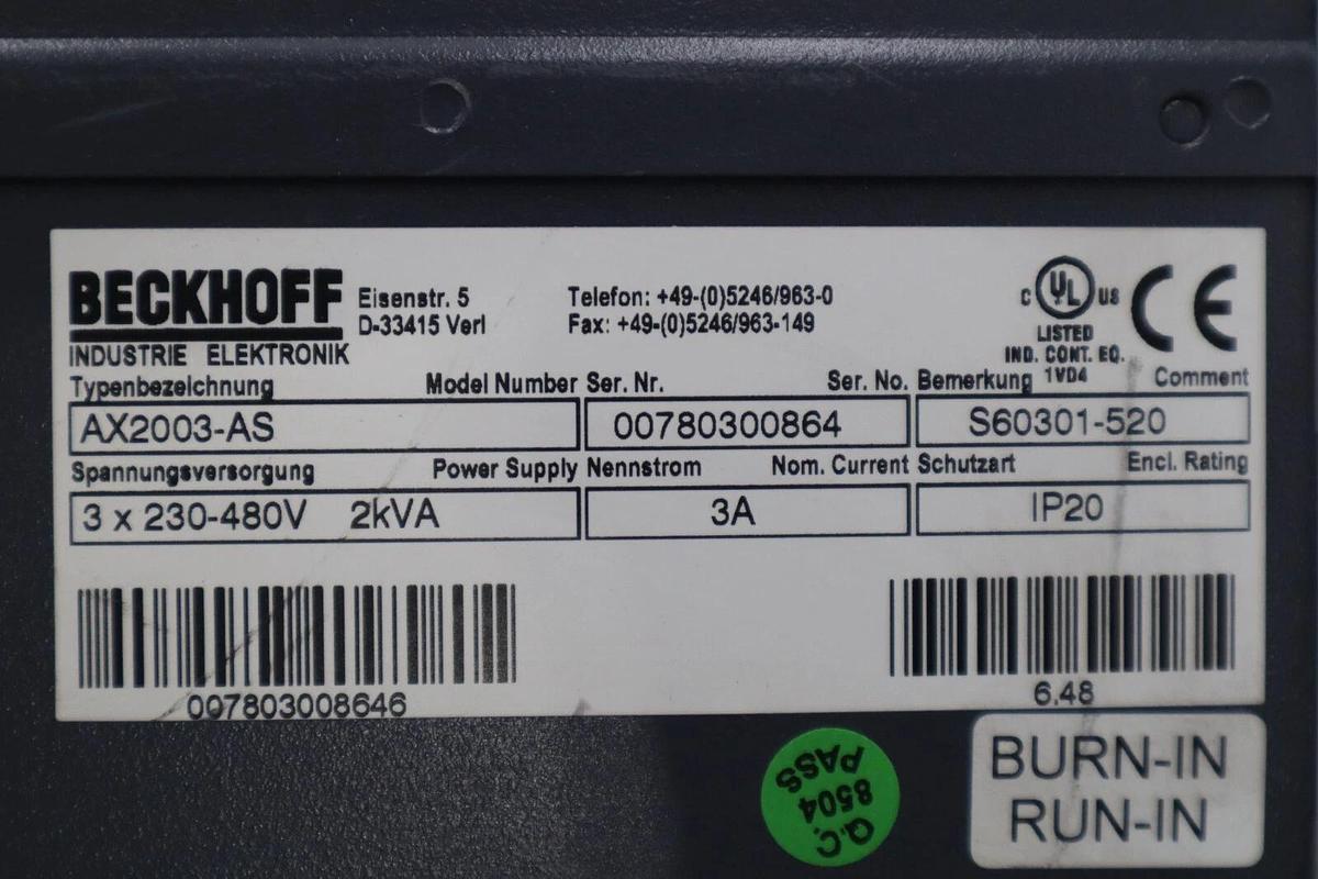 Used Beckhoff AX2003-AS S60301-520 Digital Compact Servo Drive Amplifier STK K-408-D
