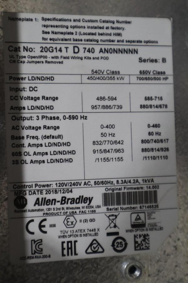 Used New Allen Bradley PowerFlex 755 VFD 20G14TD740AN0NNNNN 700 HP MFG. 2018 #S-414