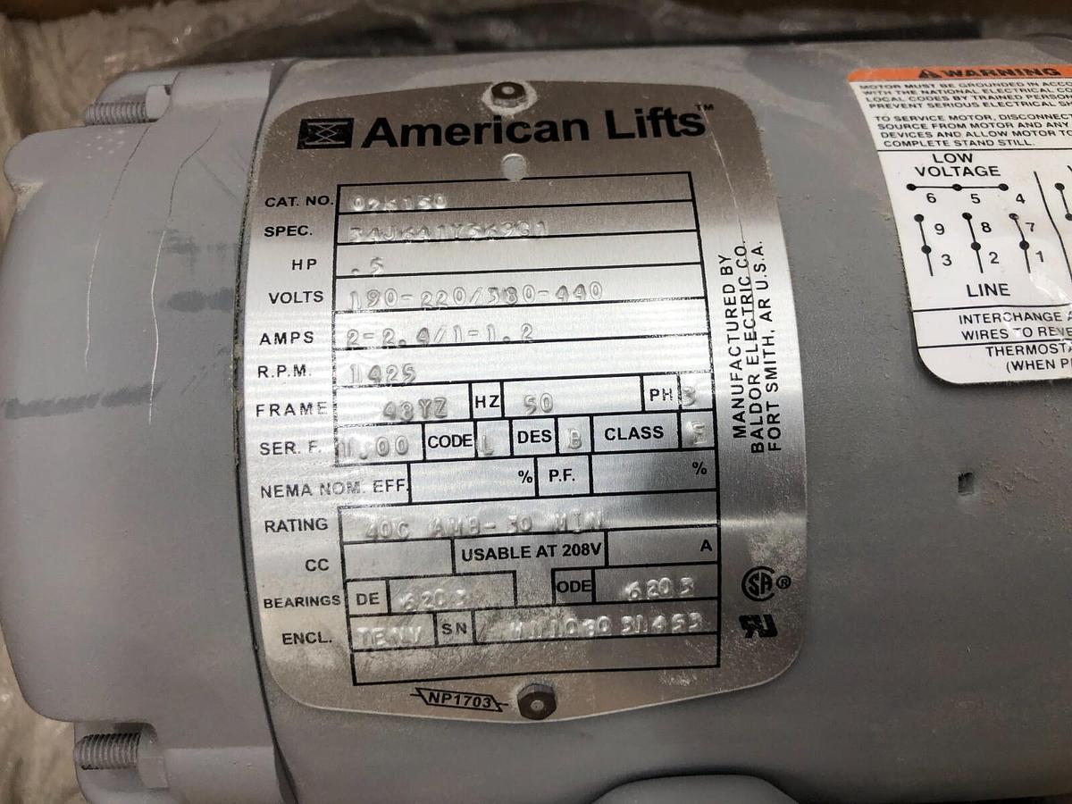 Used AMERICAN LIFTS MOTOR 34J641Y569G1 3 PHASE 1/2 HP ELECTRIC MOTOR MFG BALDOR S-148
