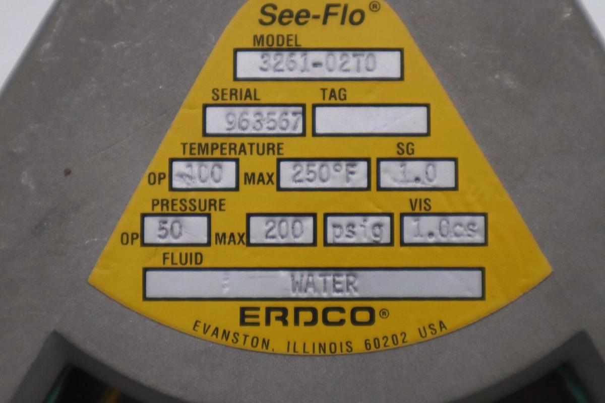 NEW OPEN BOX ERDCO 3261-02T0 SEE-FLO FLOW METER 200 PSIG MAX STOCK G585A