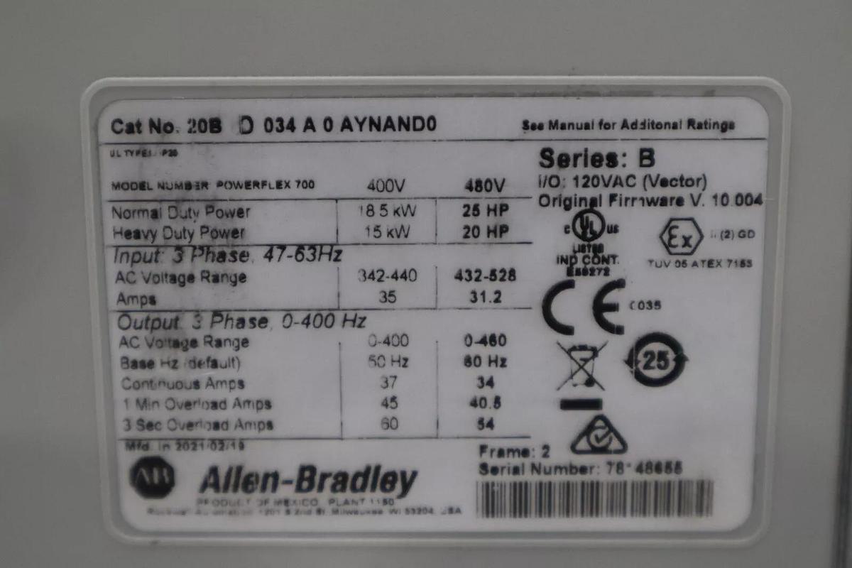 NEW ALLEN BRADLEY 20BD034A0AYNAND0 AC DRIVE POWERFLEX 700 480V 25 HP STOCK 2886A