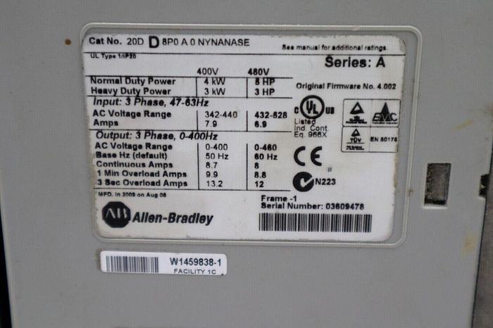 Used ALLEN BRADLEY 20DD8P0A0NYNANASE POWERFLEX 700S SERIES A 5HP 4KW STOCK 1706