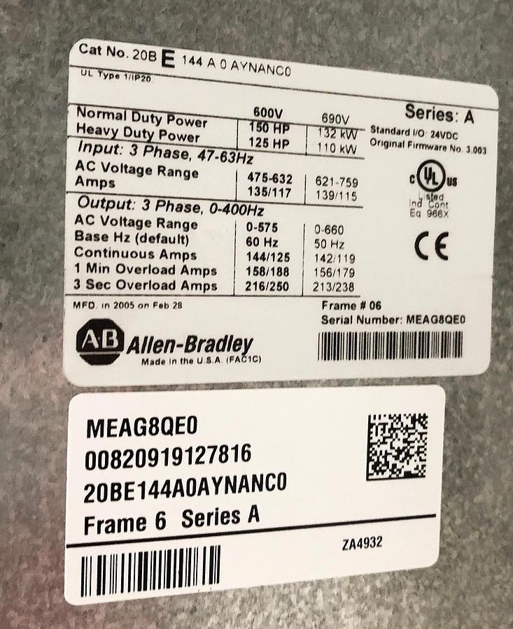 NEW ALLEN BRADLEY AB PowerFlex 700 20BE144A0AYNANC0 150HP 600V WITH BRAKE #S-391