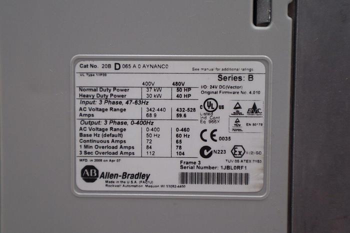 NEW ALLEN BRADLEY 20BD065A0AYNANC0 SER. B F/W 4.002 UNMP STOCK #2872