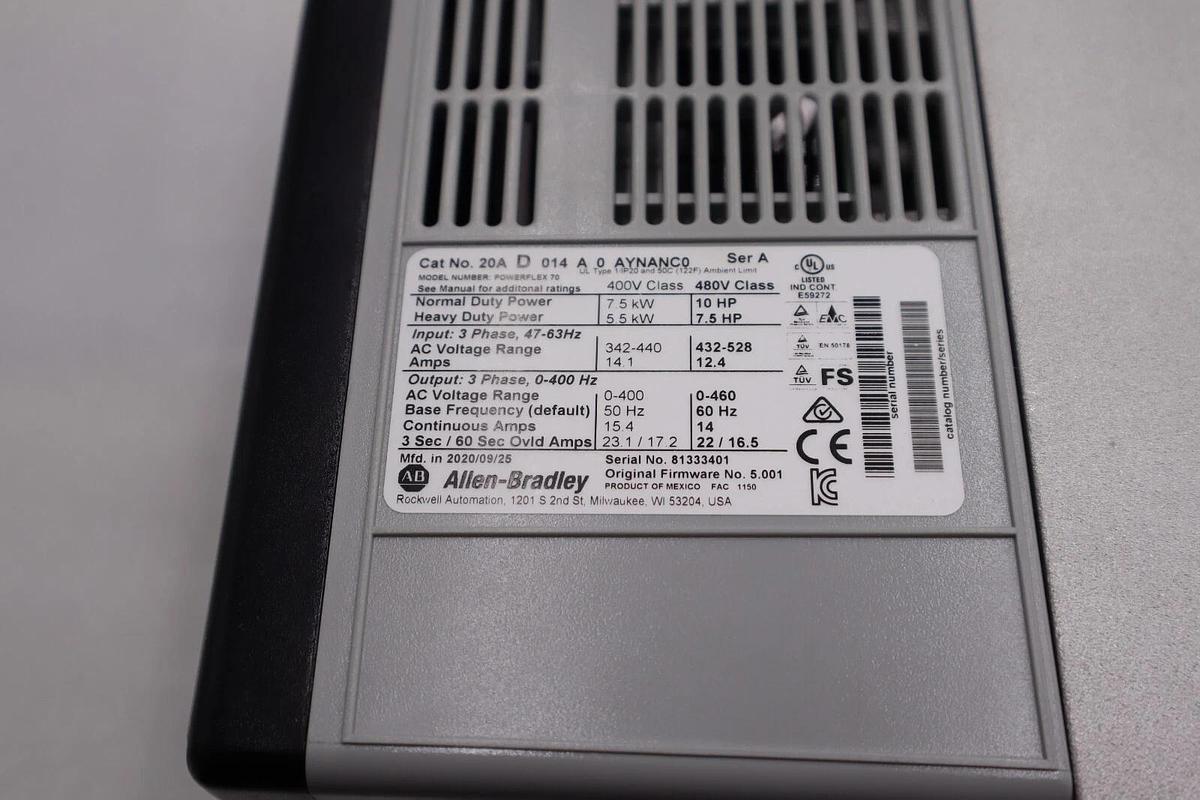 Used New 10hp ALLEN BRADLEY POWERFLEX 70 20AD014A0AYNANC0 MFG Date 2020 STOCK 1825