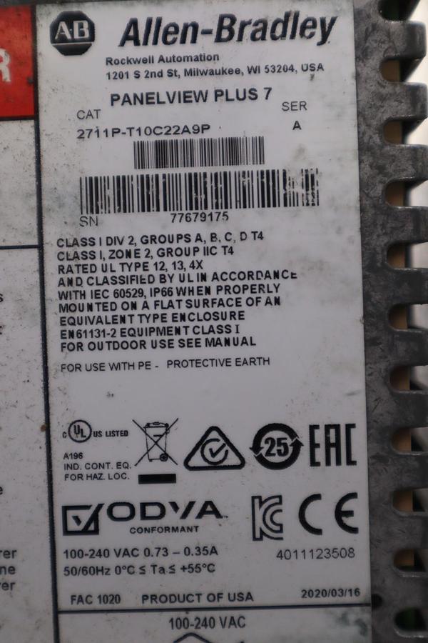 Used Allen Bradley 2711P-T10C22A9P /A PanelView Plus Color Screen STOCK #5666CC