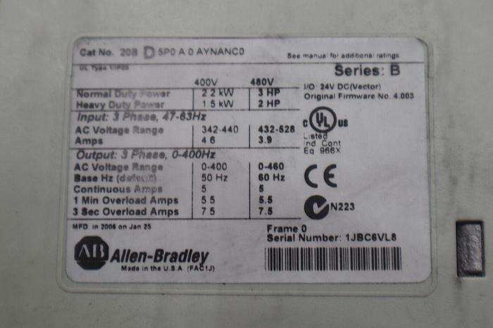 Used Allen Bradley Power Flex 700 Drive 3 HP 3 Phase 20BD5P0A0AYNANC0 STOCK 2220