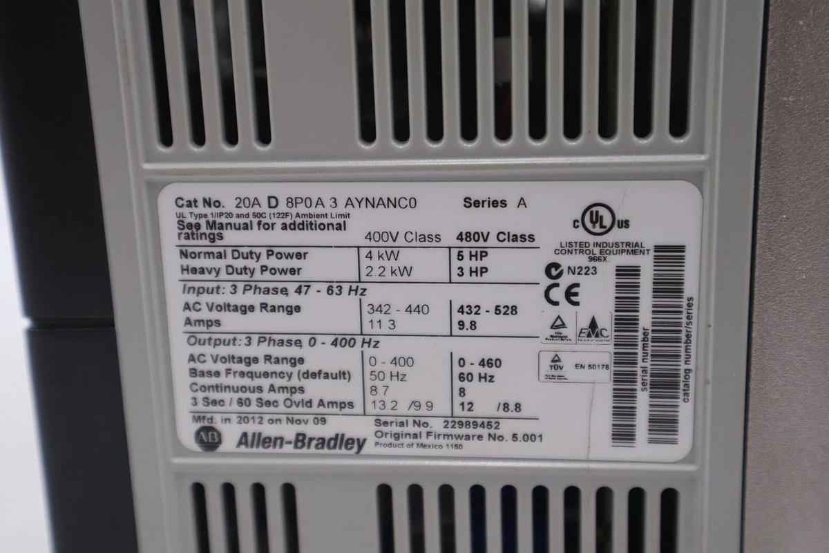 Used 20AD8P0A3AYNANC0 ALLEN BRADLEY POWERFLEX 70 5HP AC DRIVE 480 VOLT STOCK 3305