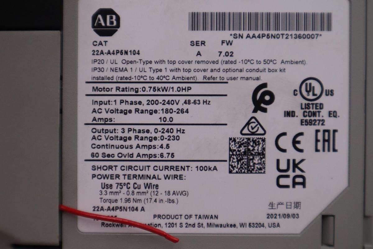 Used Allen-Bradley 22A-A4P5N104 Adjustable Frequency AC Drive, 240V, 1Ø, 4.5A, 0.75kW